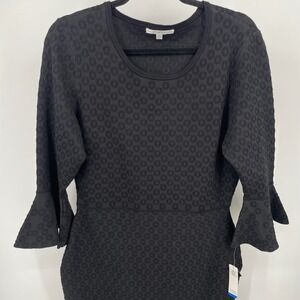 Sandra Darren Black Textured Knit Bell Sleeve Flounce Hem Dress 96224 XL NEW